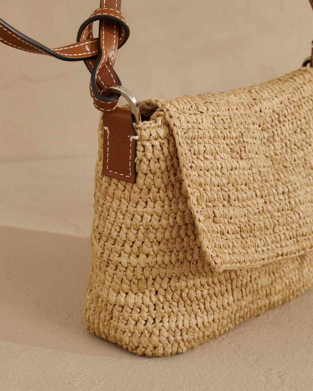 Manebí Raffia Summer Night Bag Medium - Leather Handle \u0026 Palm Leather Tag Natural And Brown