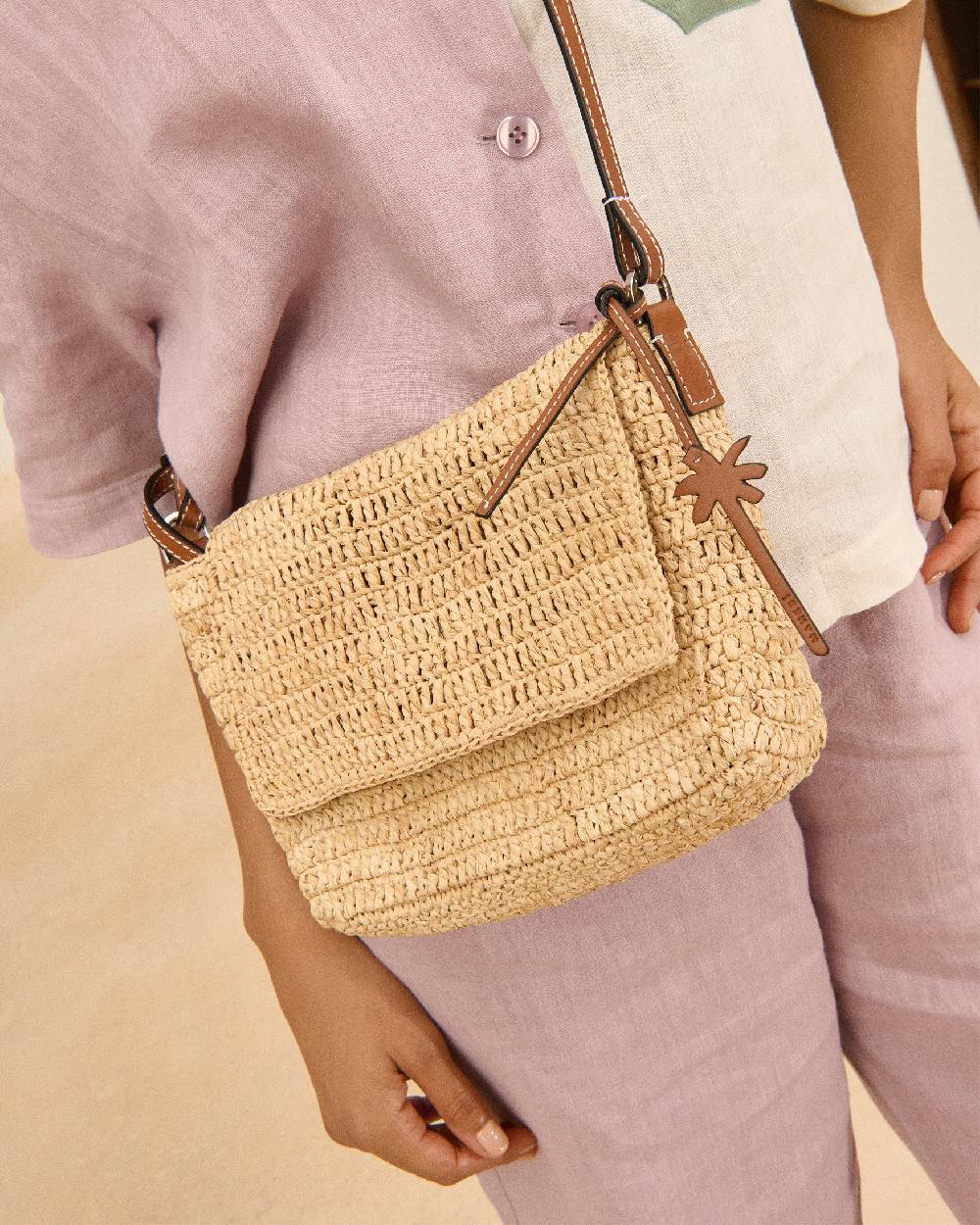 Manebí Raffia Summer Night Bag Medium - Leather Handle \u0026 Palm Leather Tag Natural and Brown