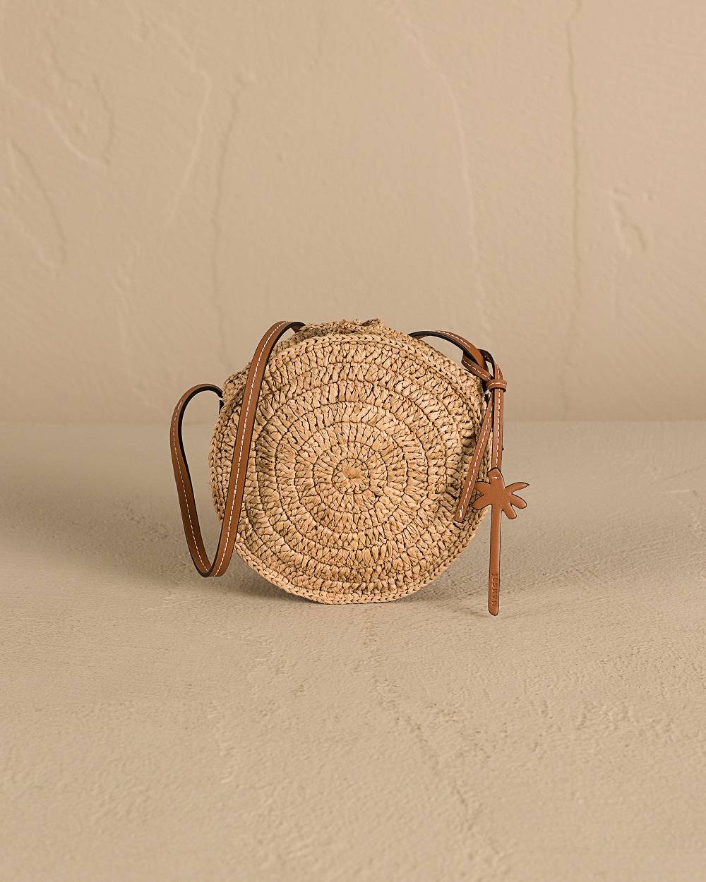 Manebí Raffia \u0026 Leather|Tamburine Bag Mini - Tan \u0026 Brown