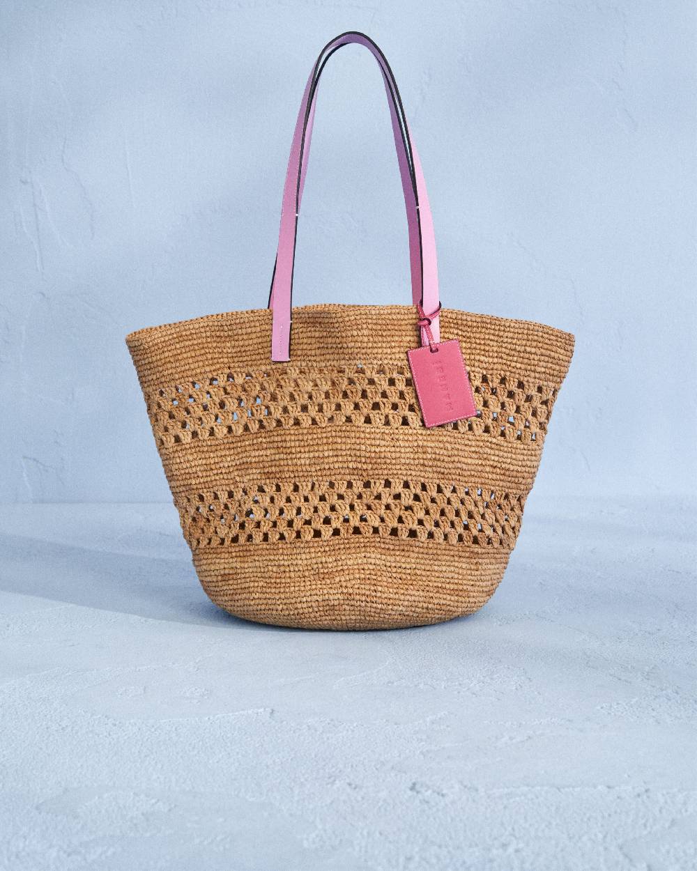 Manebí Raffia Weaving Basket Bag - Fuchsia Leather Tag Tan