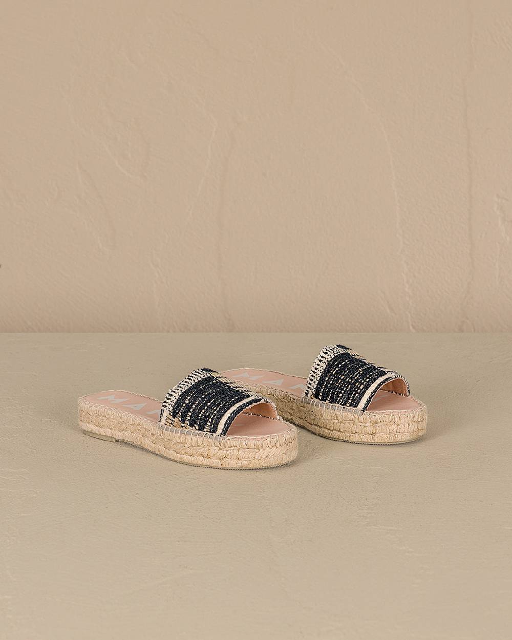 Manebí Silk And Cotton Patchwork|Double Sole Slides - Yucatán White Natural And Black