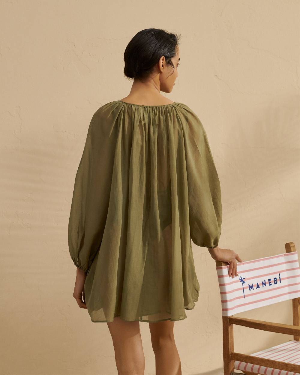 Manebí Silk Cotton Voile|Minorca Dress - Slim Waist Tie Belt Kaki Green