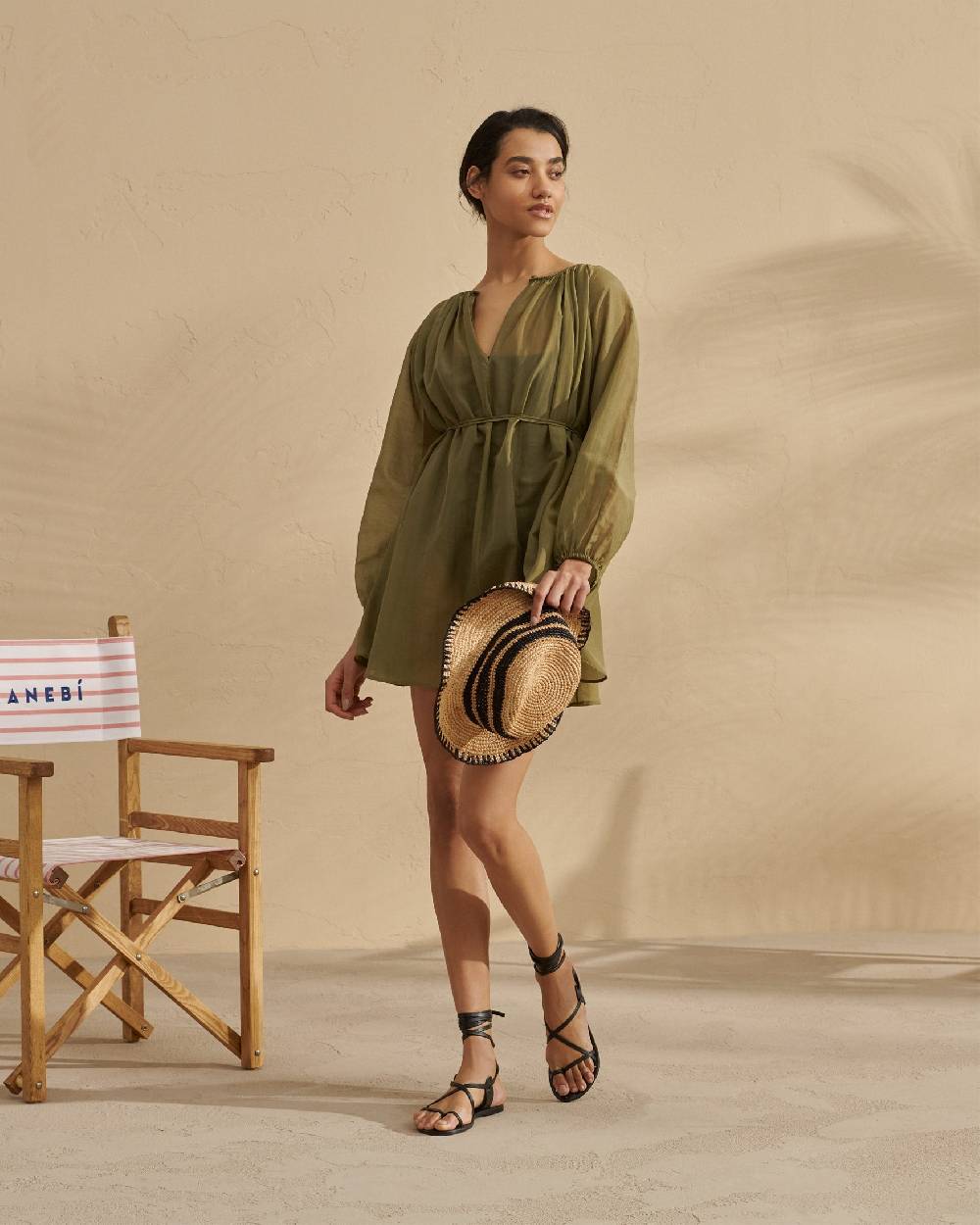 Manebí Silk Cotton Voile|Minorca Dress - Slim Waist Tie Belt Kaki Green