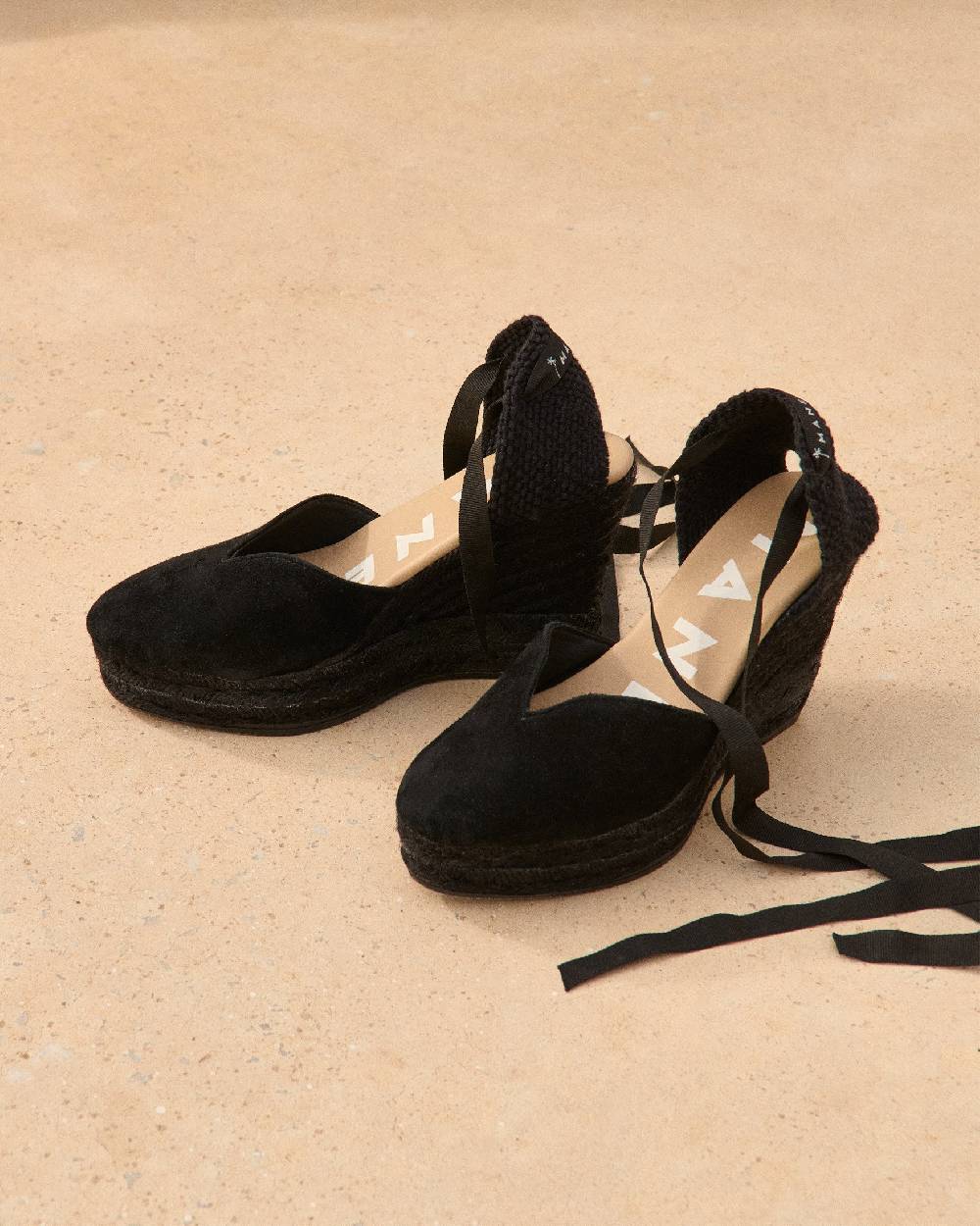 Manebí Soft Suede Heart-Shaped|Wedge Espadrilles - Hamptons Black On Tone