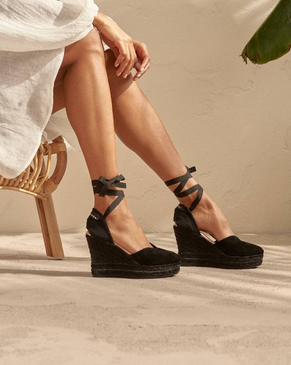 Manebí Soft Suede Heart-Shaped|Wedge Espadrilles - Hamptons Black On Tone