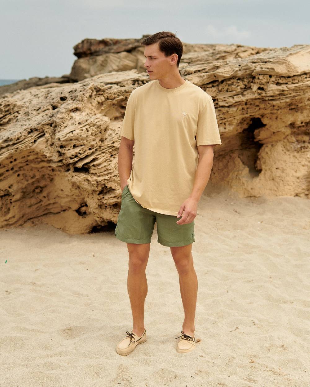 Manebí Solid Color Swim Shorts - Stone Washed Faded Kaki Green
