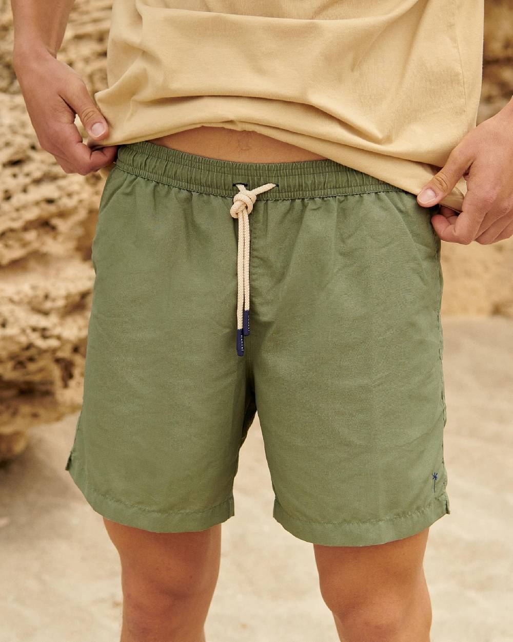 Manebí Solid Color Swim Shorts - Stone Washed Faded Kaki Green
