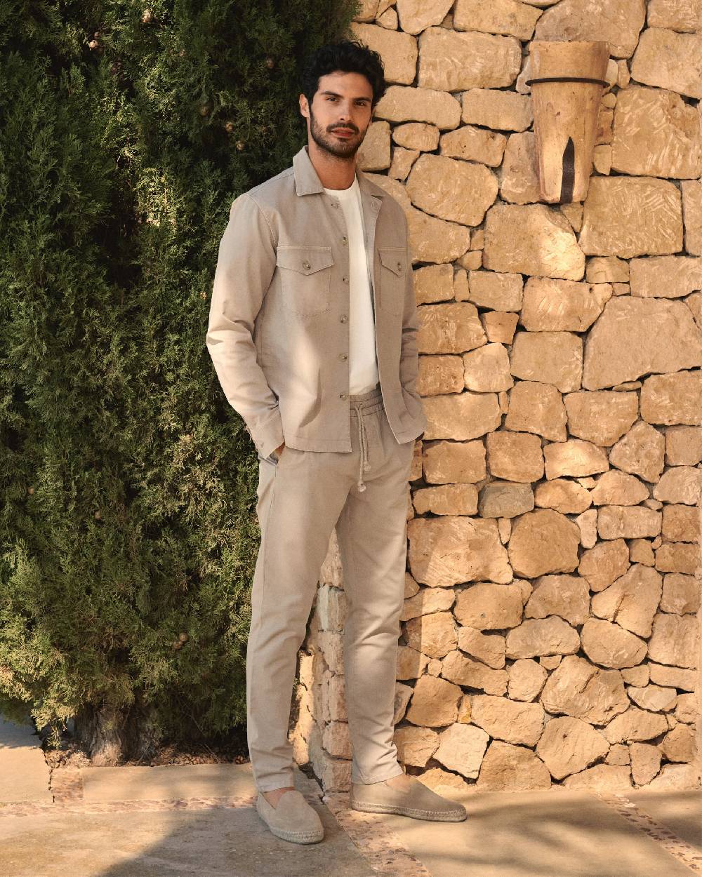 Manebí Stonewashed Cotton Venice Trousers - Embroidered Logo Kaki Beige