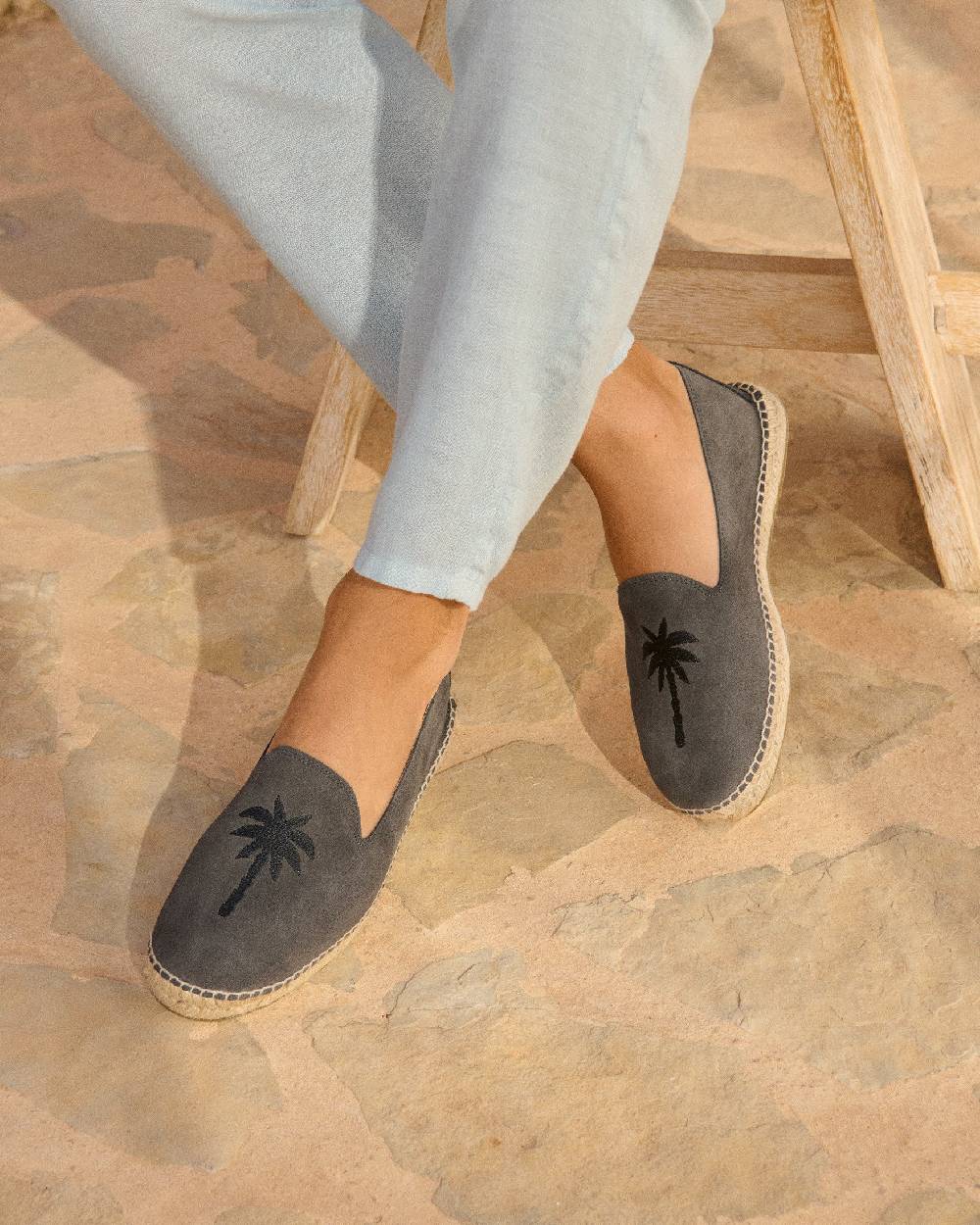 Manebí Suede With Embroidery Espadrilles - Palm Springs Carbon Grey + Black Palm