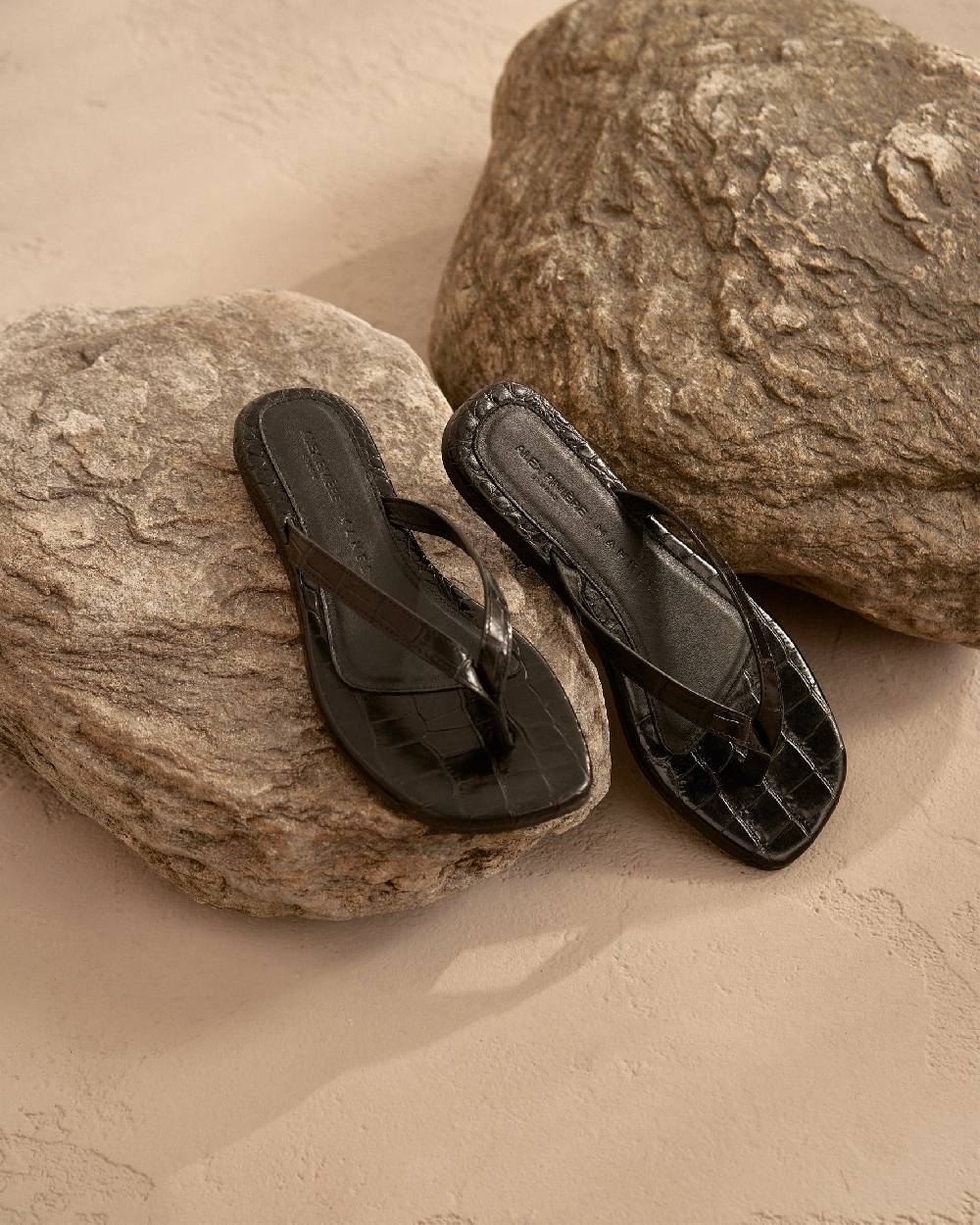 Manebí Tania Croco Embossed|Leather Sandals - Thongs Black
