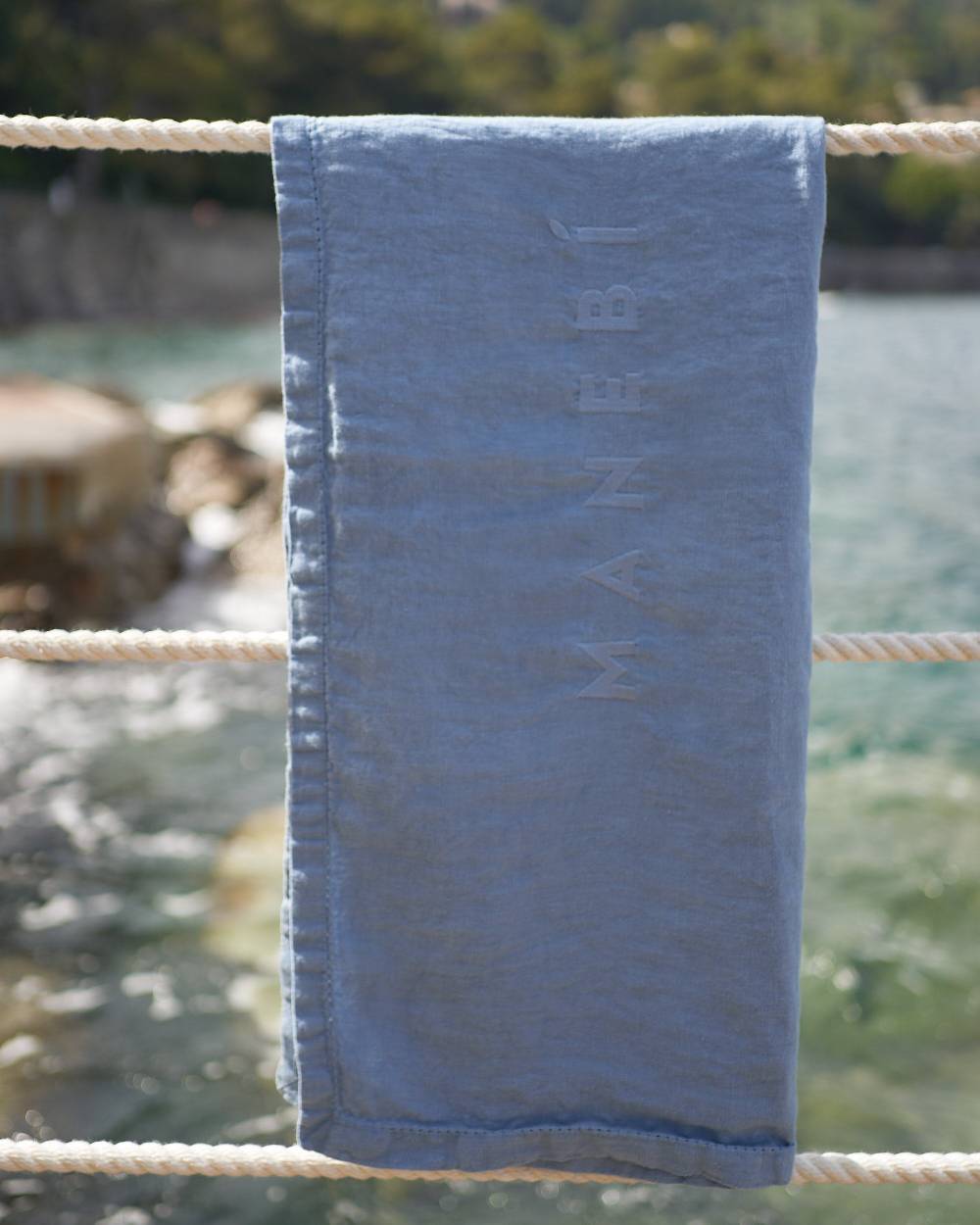 Manebí Washed Linen Beach Towel - Embroidered Logo Indigo