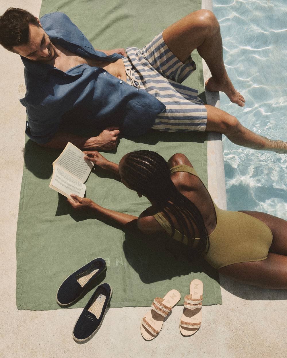 Manebí Washed Linen Beach Towel - Embroidered Logo Sage