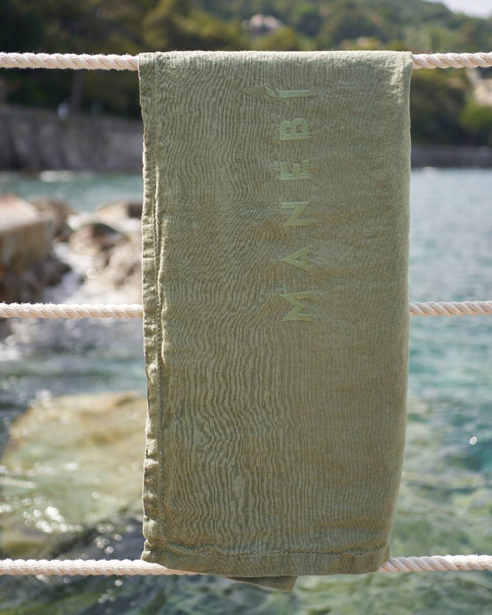 Manebí Washed Linen Beach Towel - Embroidered Logo Sage
