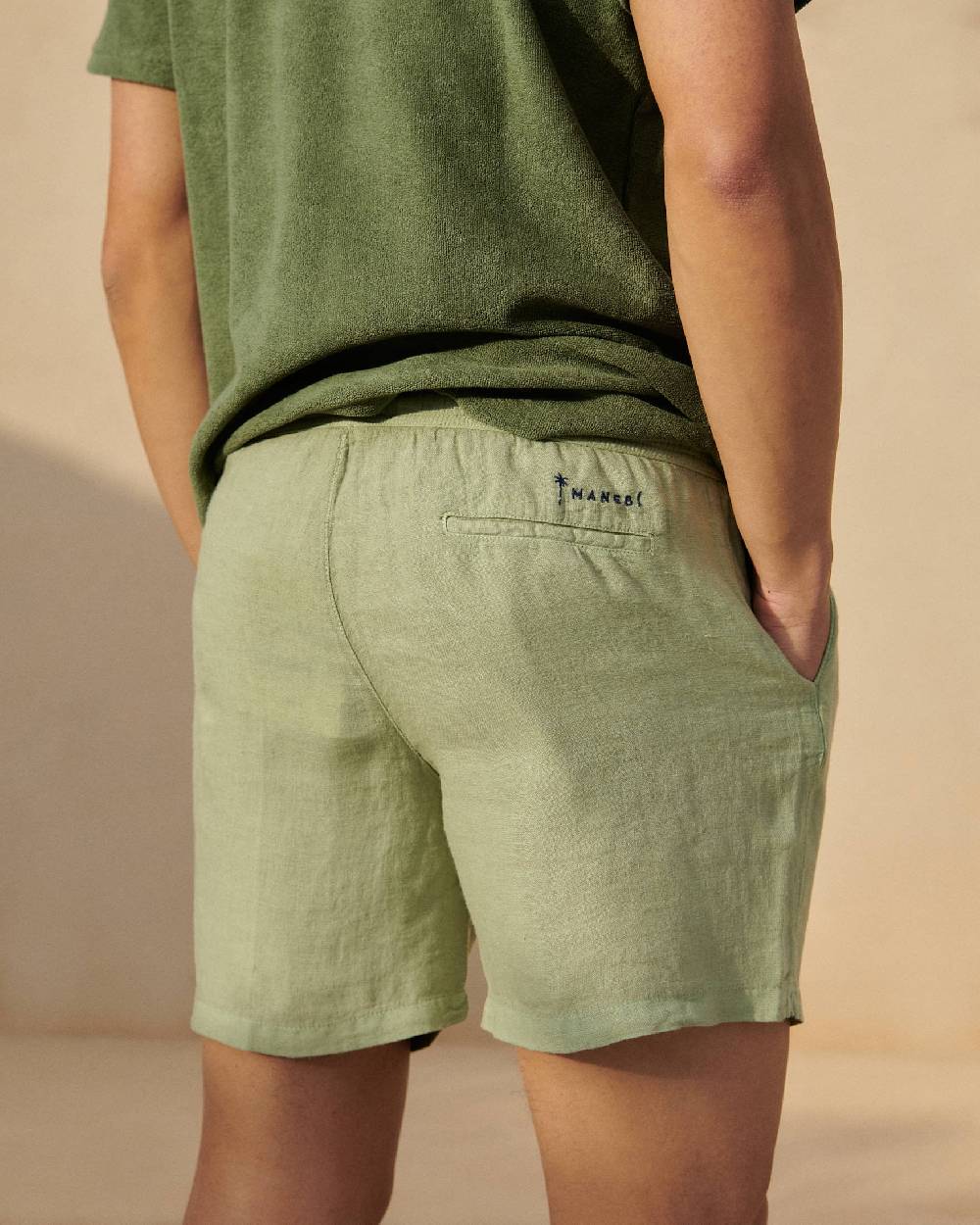 Manebí Washed Linen Malibu Shorts - Embroidered Logo Military Green