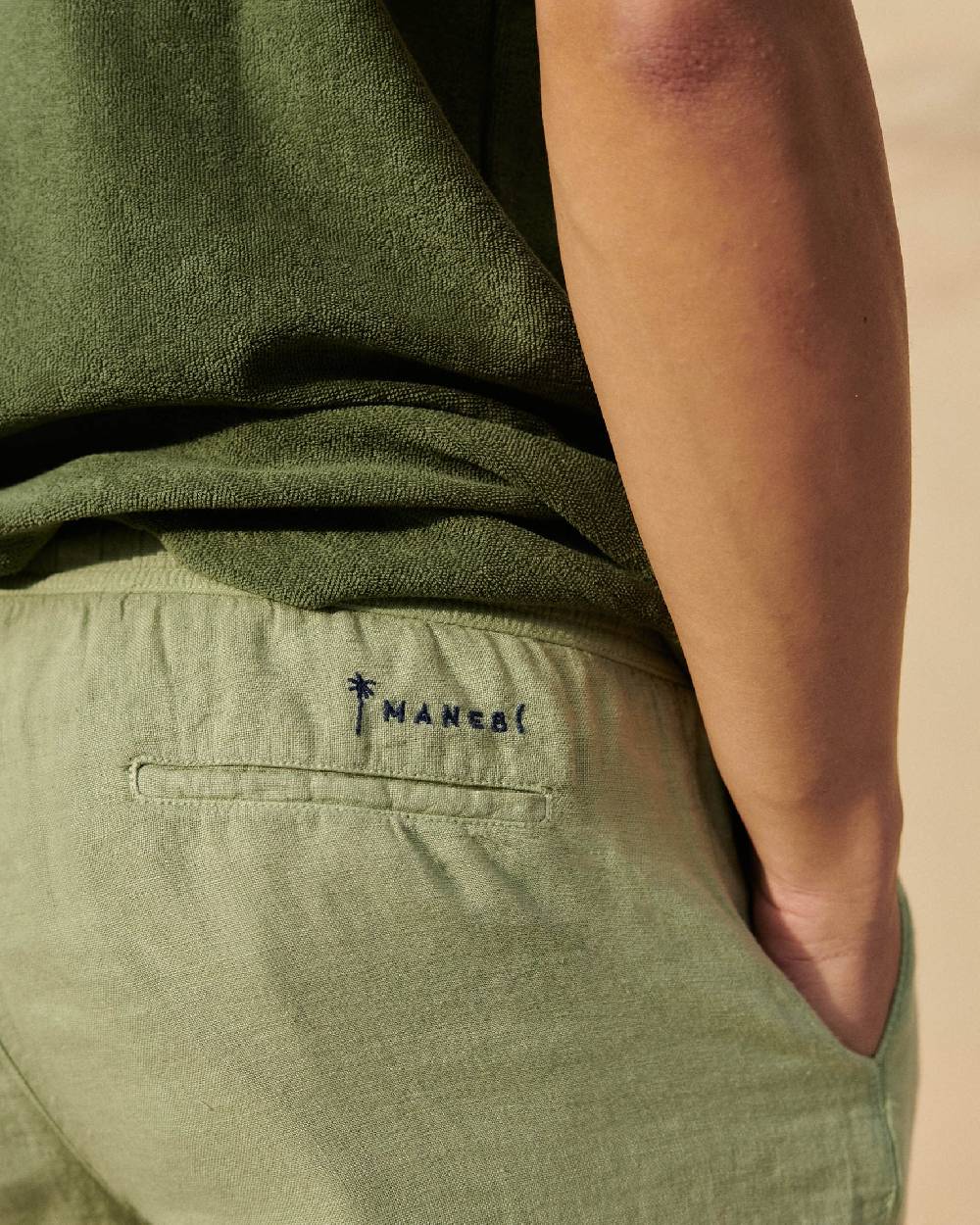 Manebí Washed Linen Malibu Shorts - Embroidered Logo Military Green