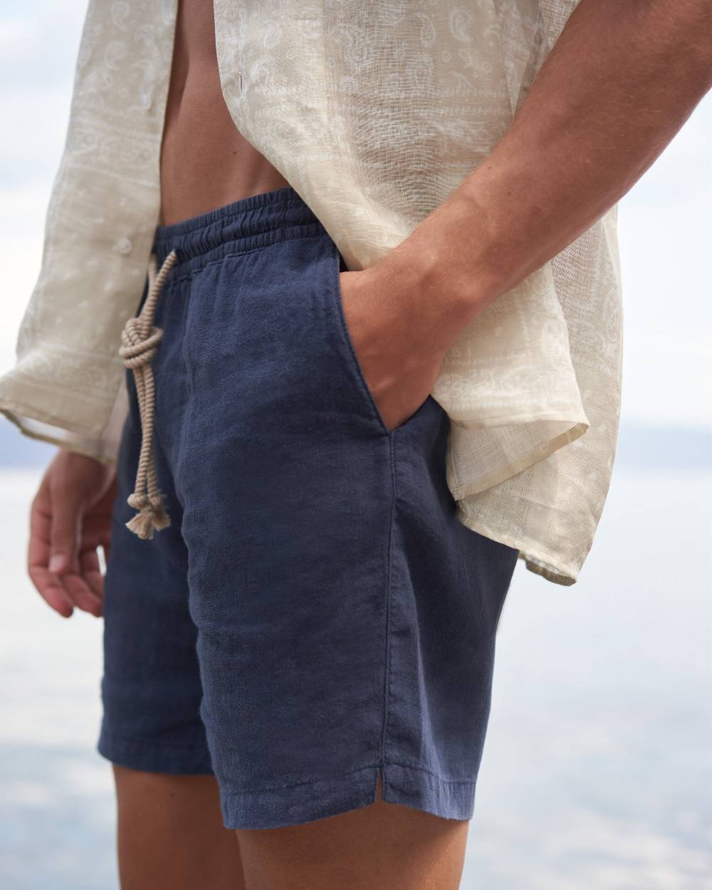 Manebí Washed Linen Malibu Shorts - Embroidered Logo Night Blue