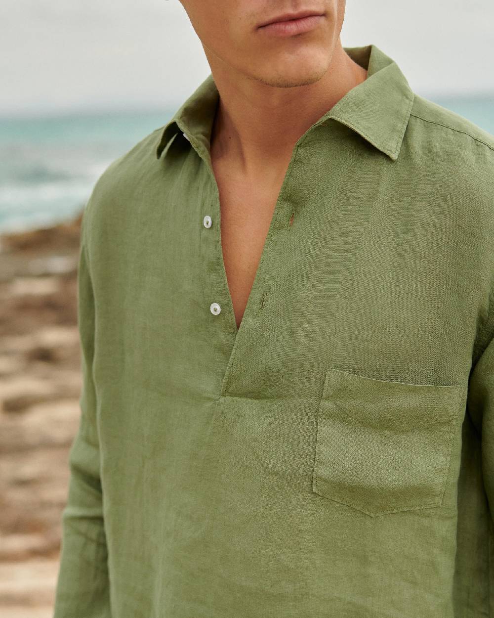 Manebí Washed Linen Nassau Polo Shirt - Embroidered Palm Military Green