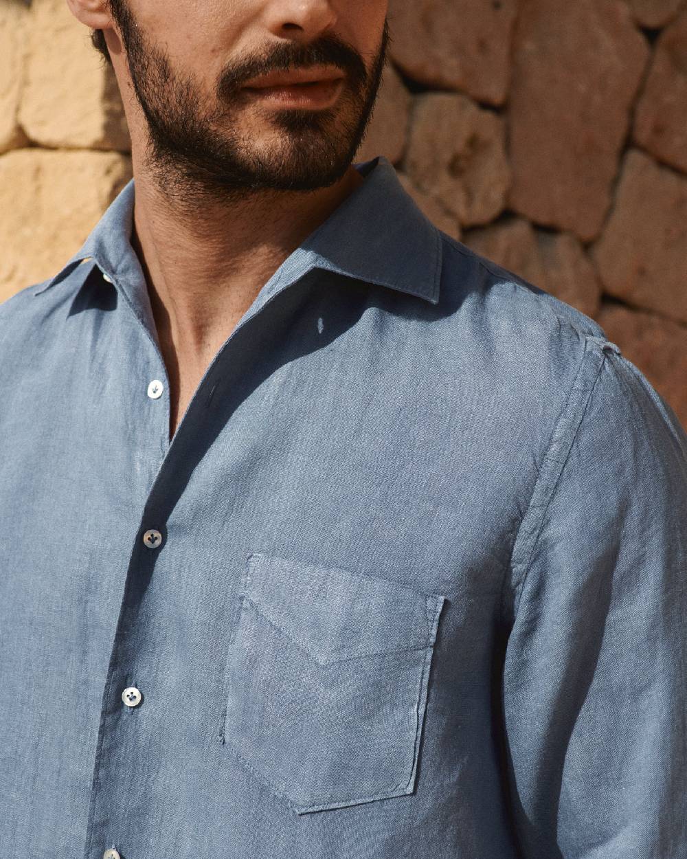 Manebí Washed Linen Panama Shirt - Embroidered Palm Navy Blue