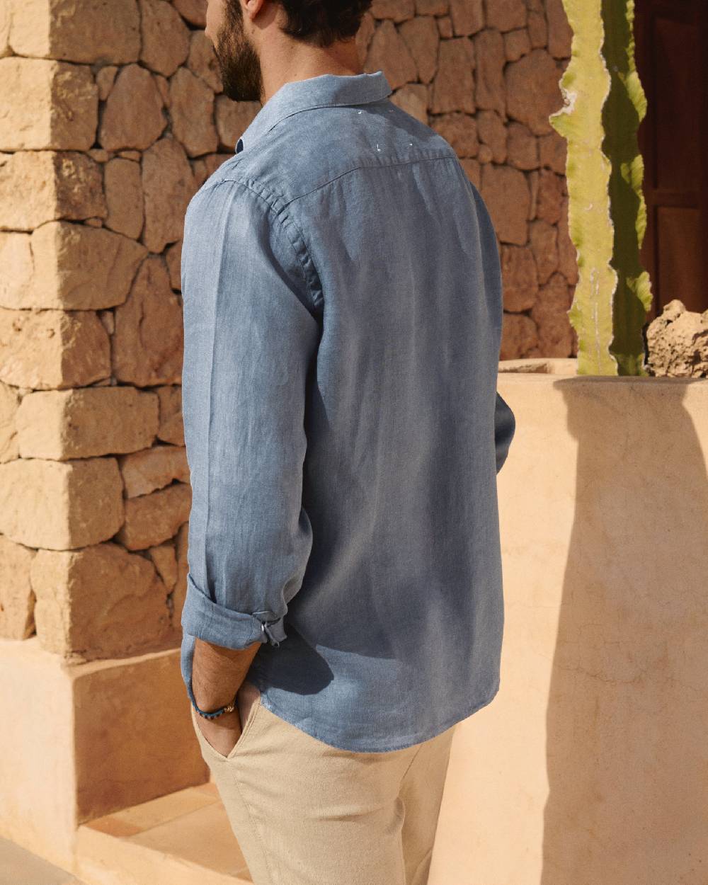 Manebí Washed Linen Panama Shirt - Embroidered Palm Navy Blue