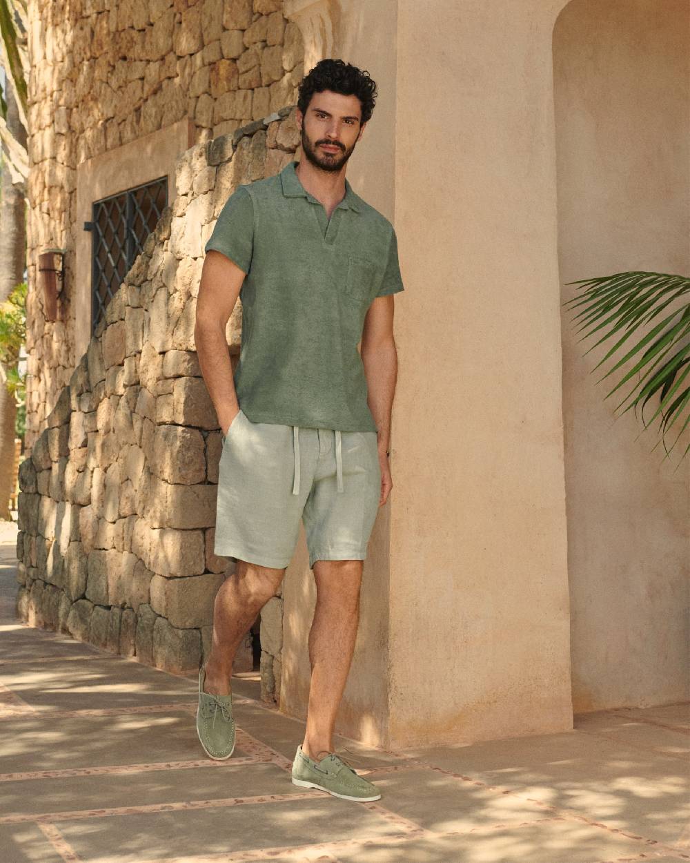 Manebí Washed Linen Positano Shorts - Embroidered Logo Military Green