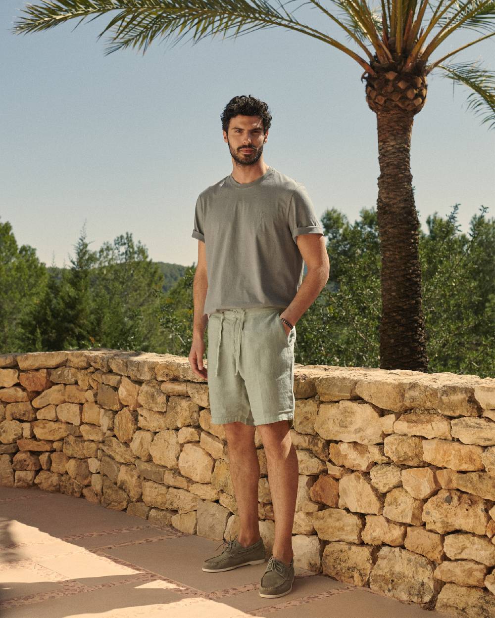Manebí Washed Linen Positano Shorts - Embroidered Logo Military Green