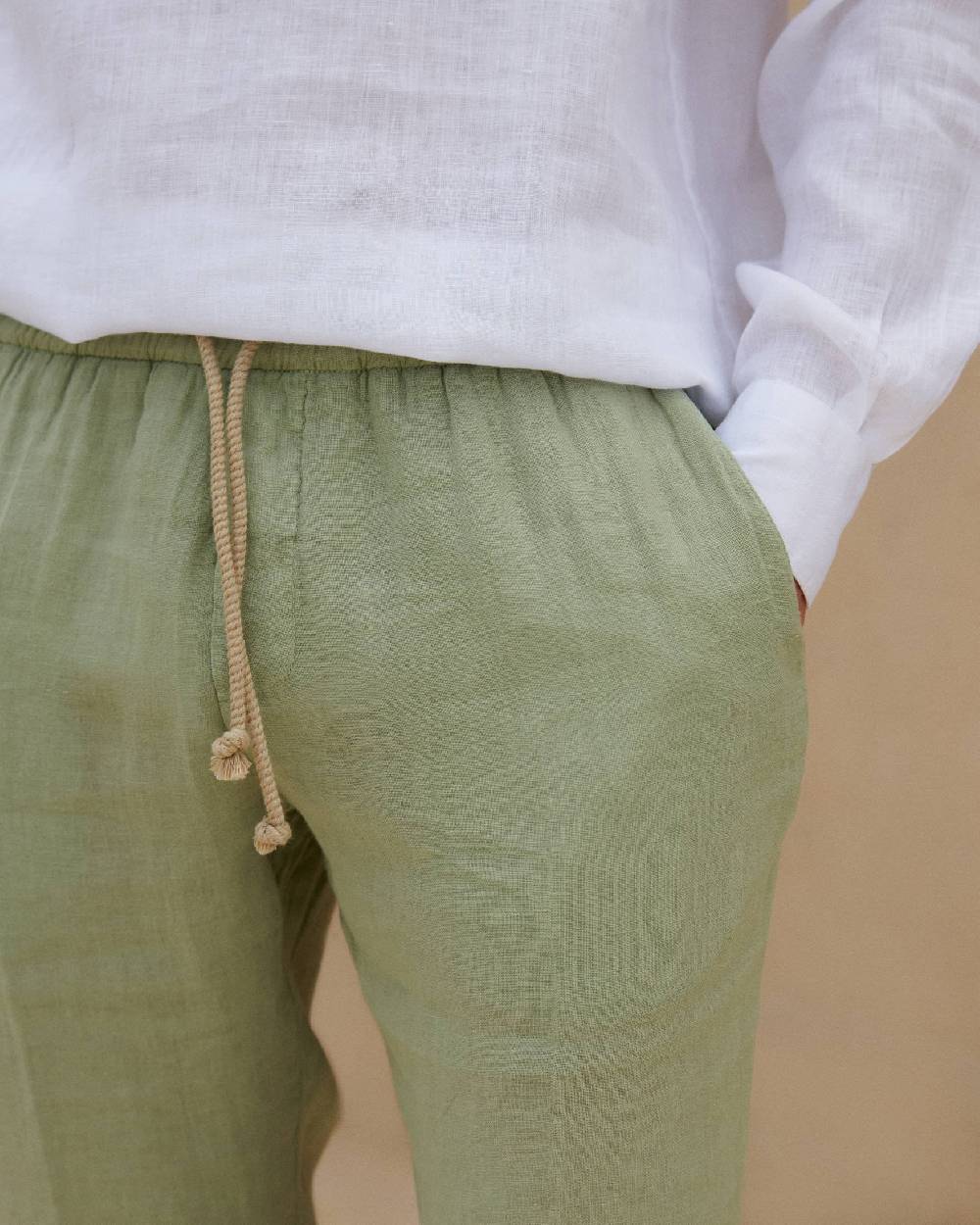Manebí Washed Linen Venice Trousers - Embroidered Logo Military Green