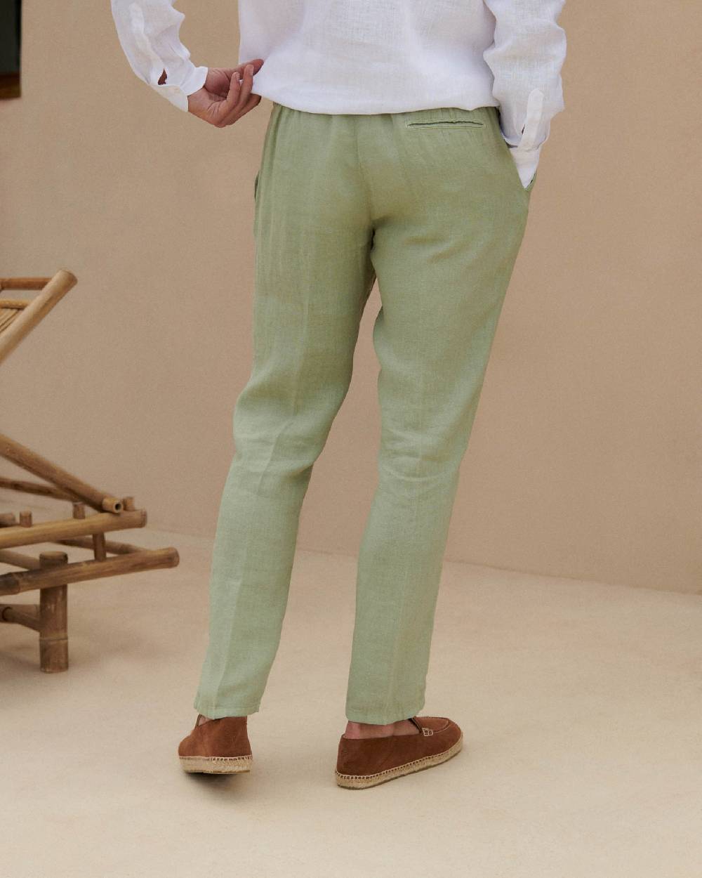 Manebí Washed Linen Venice Trousers - Embroidered Logo Military Green