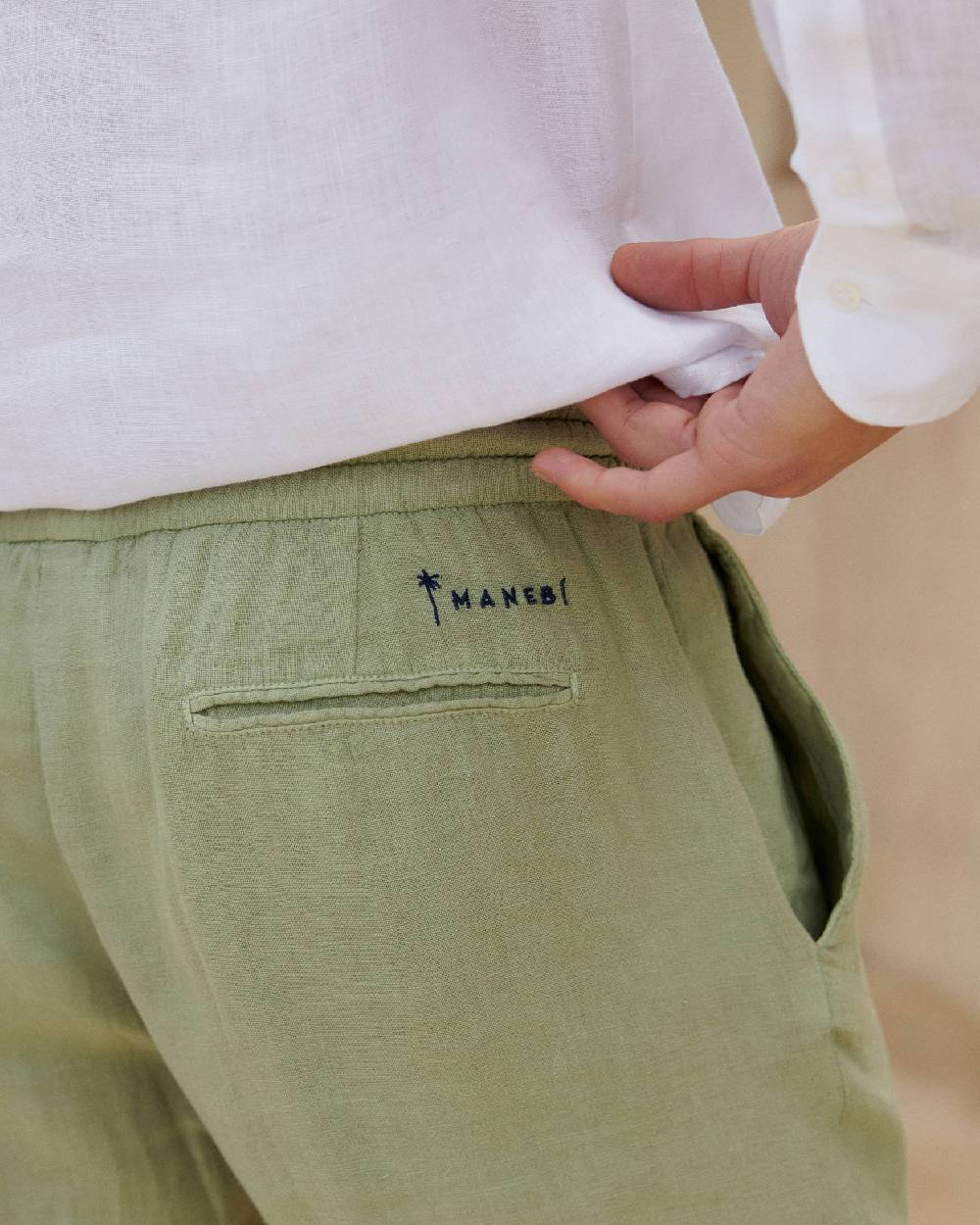 Manebí Washed Linen Venice Trousers - Embroidered Logo Military Green