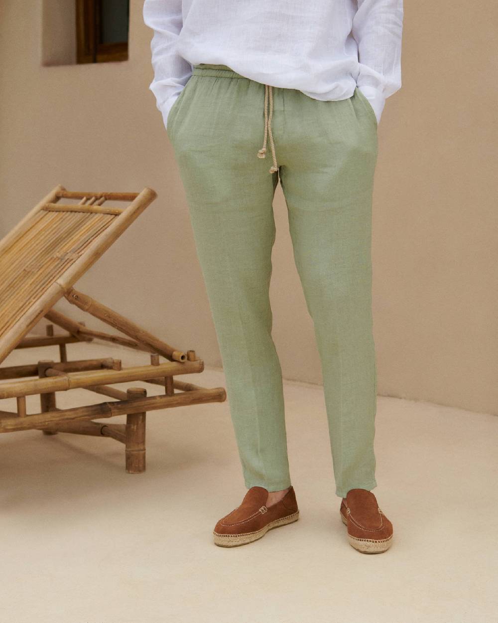 Manebí Washed Linen Venice Trousers - Embroidered Logo Military Green