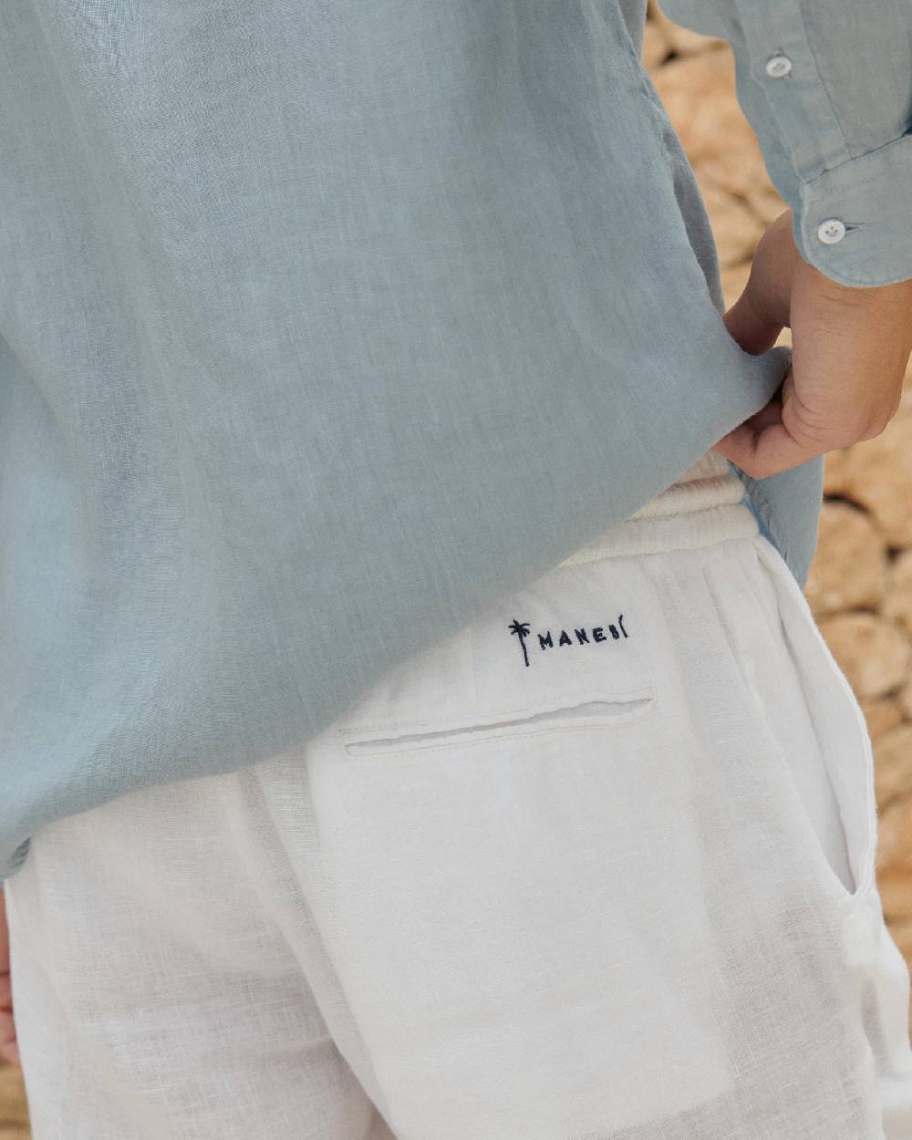 Manebí Washed Linen Venice Trousers - Embroidered Logo White
