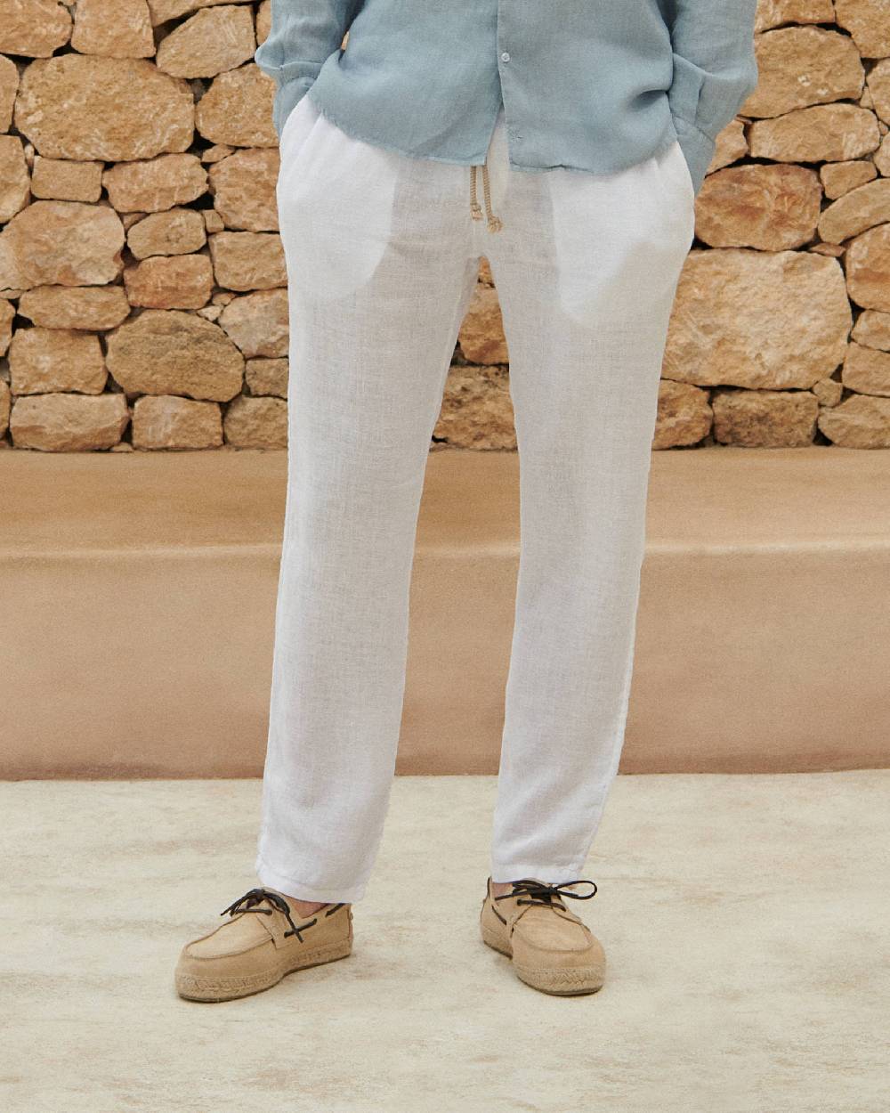 Manebí Washed Linen Venice Trousers - Embroidered Logo White