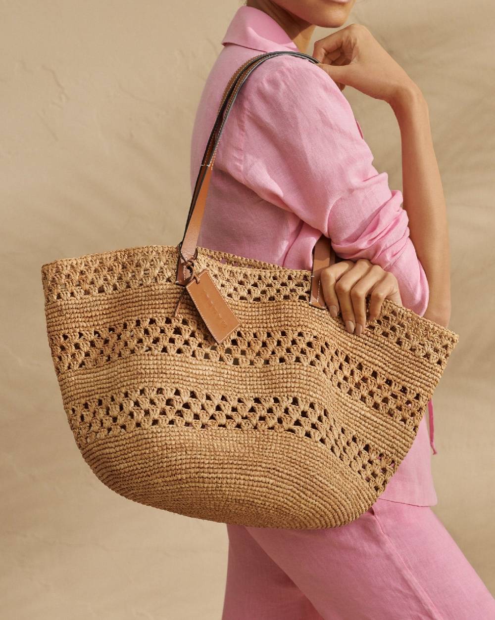 Manebí Weaving Raffia \u0026 Leather Basket Bag - Leather Tag