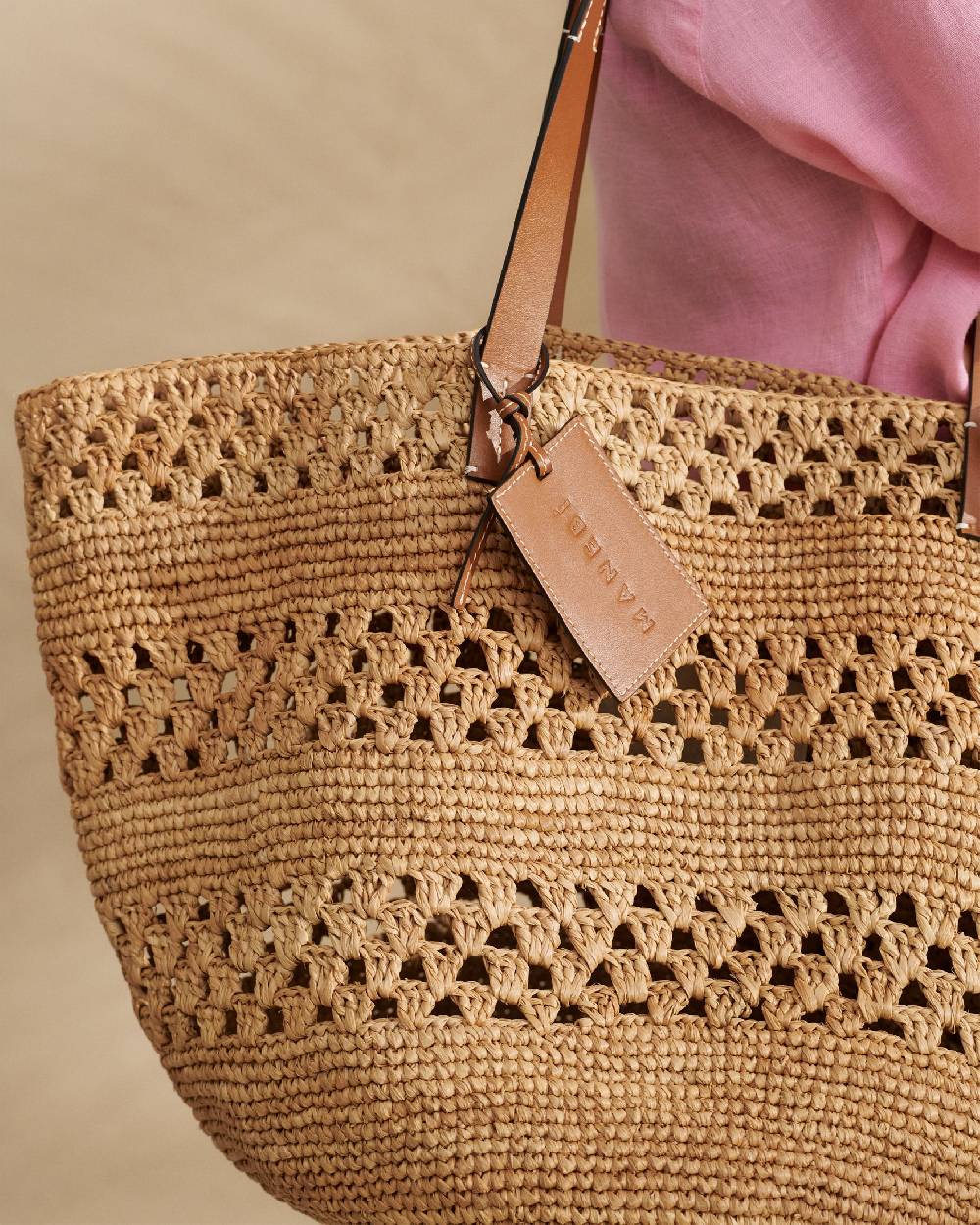 Manebí Weaving Raffia \u0026 Leather Basket Bag - Leather Tag