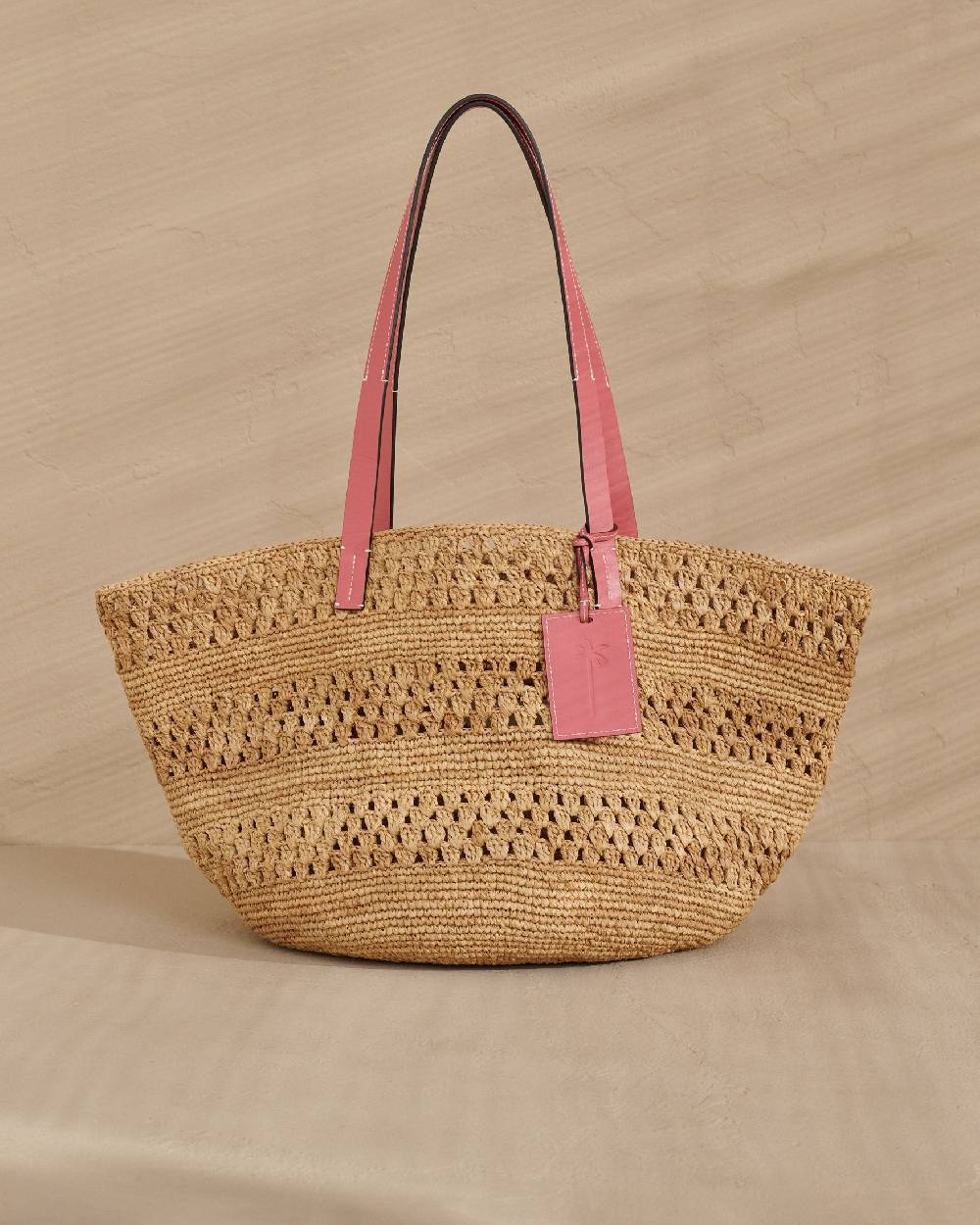 Manebí Weaving Raffia \u0026 Leather Basket Bag - Leather Tag Tan