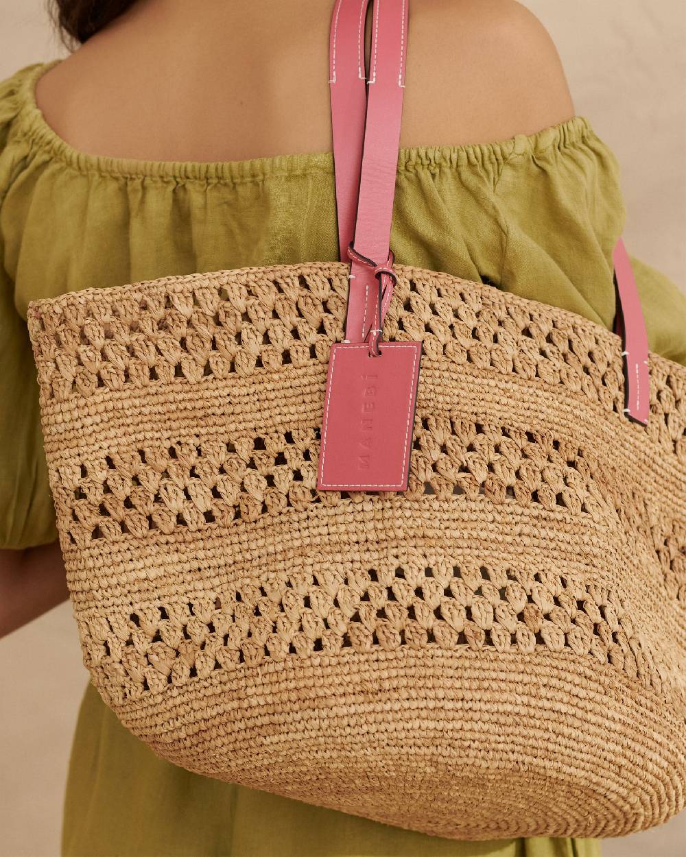 Manebí Weaving Raffia \u0026 Leather Basket Bag - Leather Tag Tan