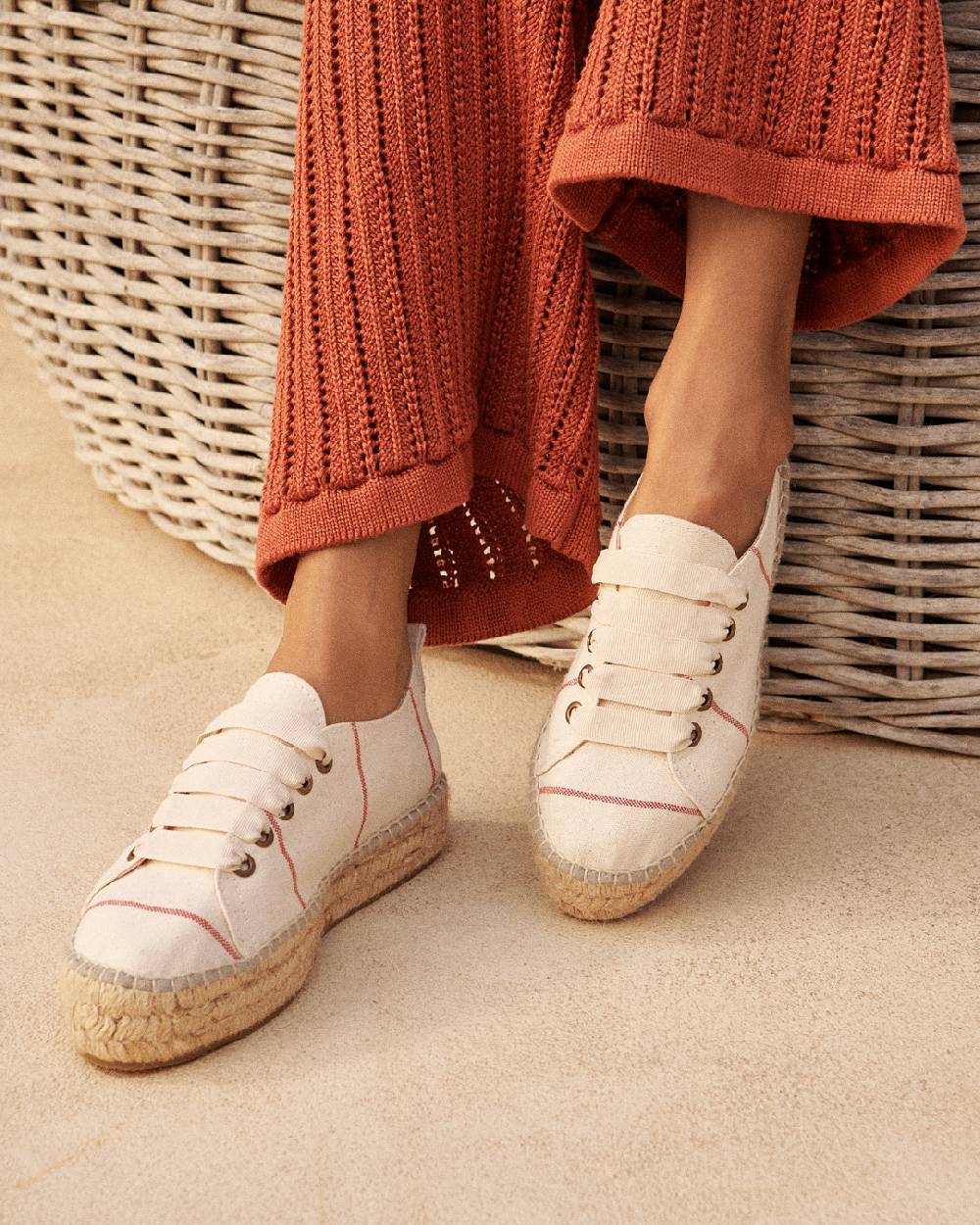 Manebí Woven Canvas|Lace-Up Espadrilles - Red Micro Stripes On Beige