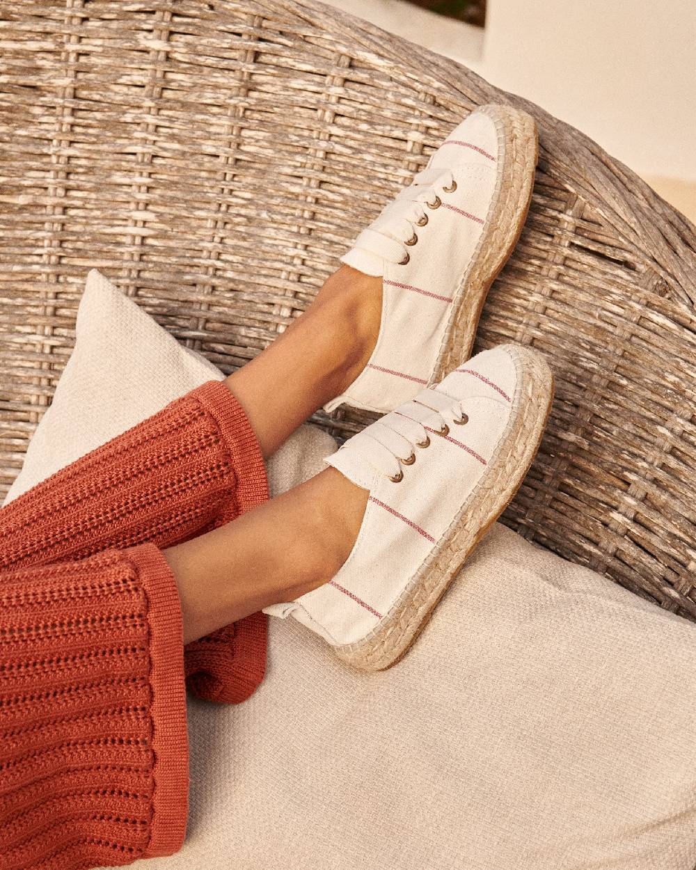 Manebí Woven Canvas|Lace-Up Espadrilles - Red Micro Stripes On Beige
