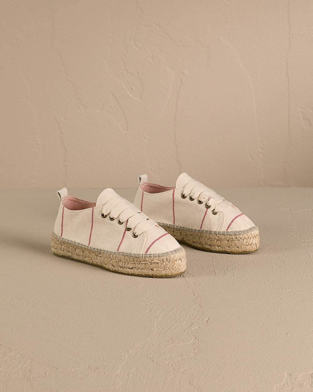 Manebí Woven Canvas|Lace-Up Espadrilles - Red Micro Stripes On Beige