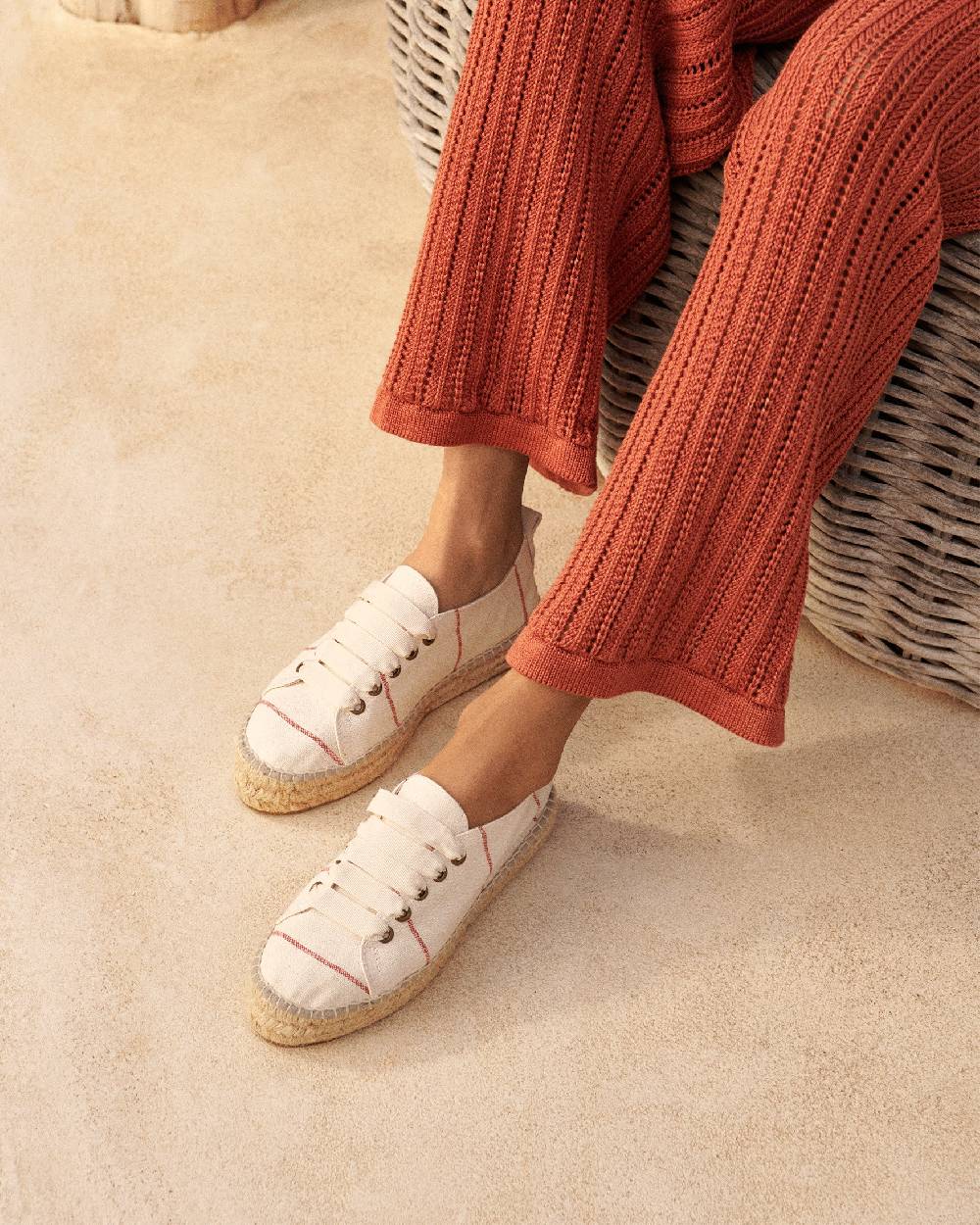 Manebí Woven Canvas|Lace-Up Espadrilles - Red Micro Stripes On Beige