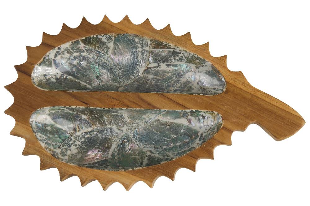 Novità Home Bartender - Ciotola Legno Sagoma Frutto Durian Con Abalone