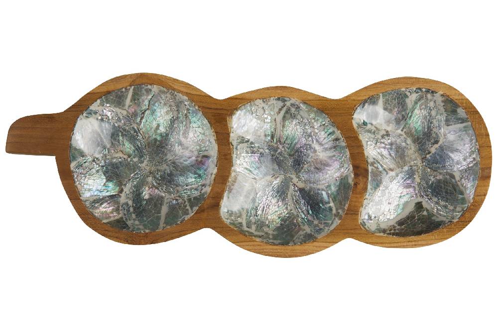 Novità Home Bartender - Ciotola Legno Tripla Forma Legume Con Abalone