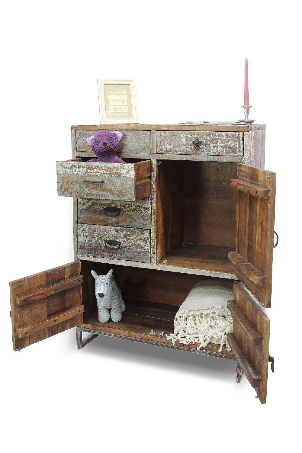 Novità Home Credenza Alta 5 Cassetti E 2 Sportelli Legno Sbiancato E Metallo