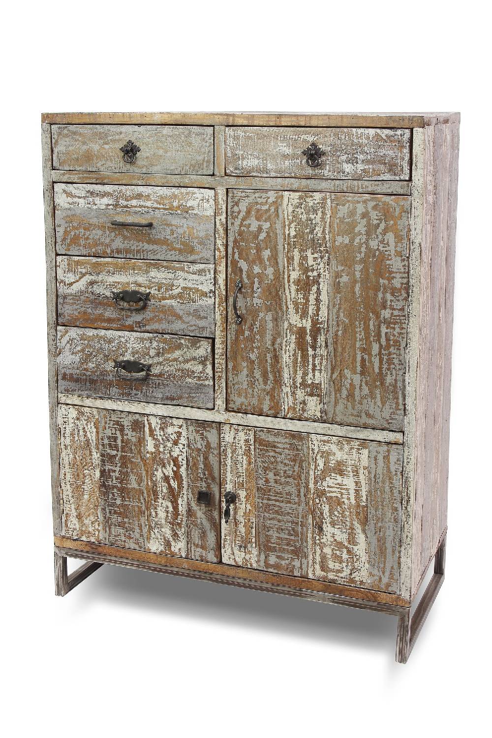 Novità Home Credenza Alta 5 Cassetti E 2 Sportelli Legno Sbiancato E Metallo