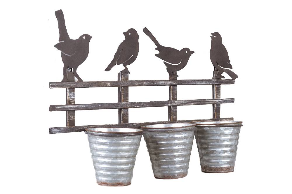 Novità Home Decor - 3 Portavasi In Ferro Con Uccellini