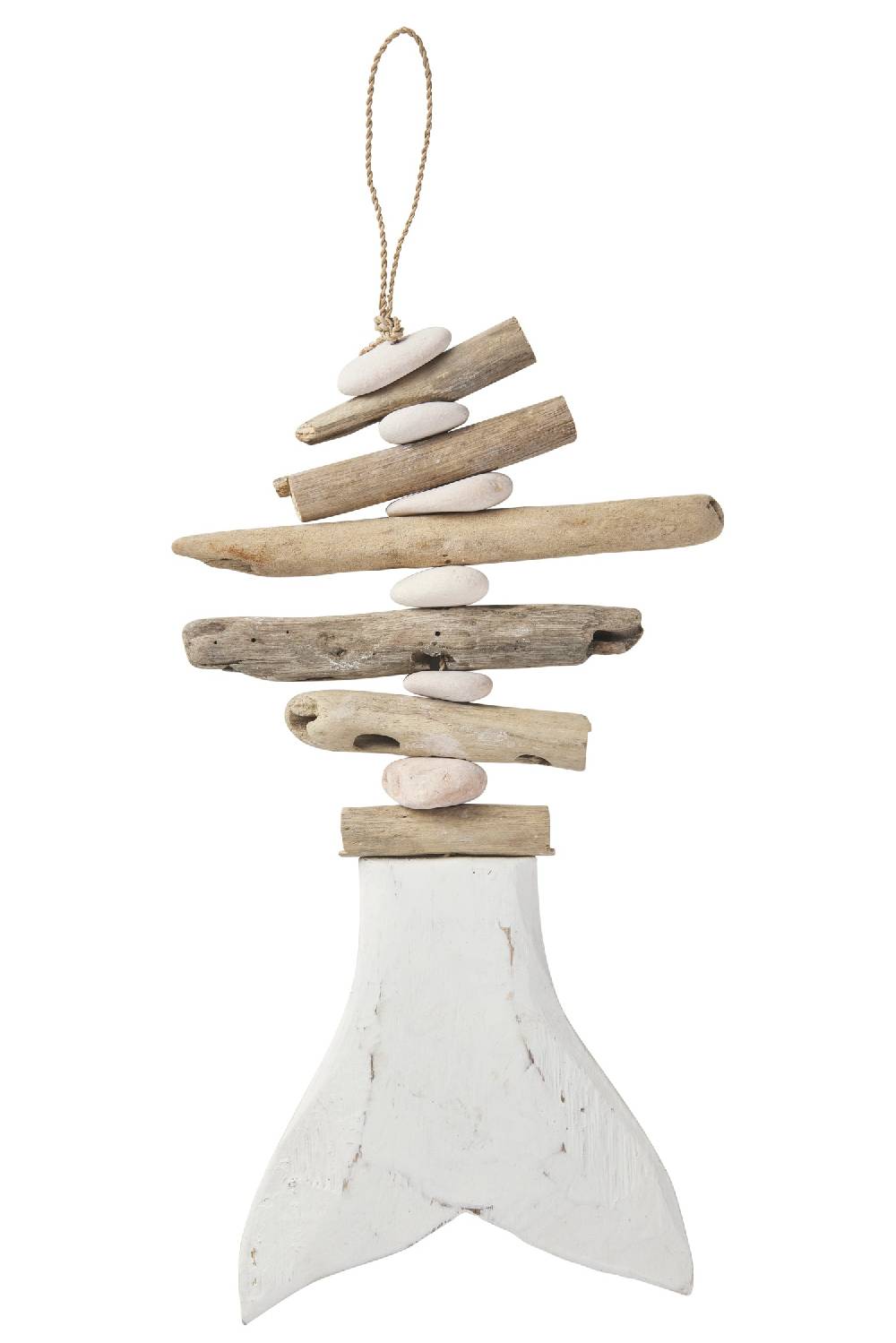 Novità Home Decor - Coda Pesce Bianca Con Legnetti Di Mare E Sassi