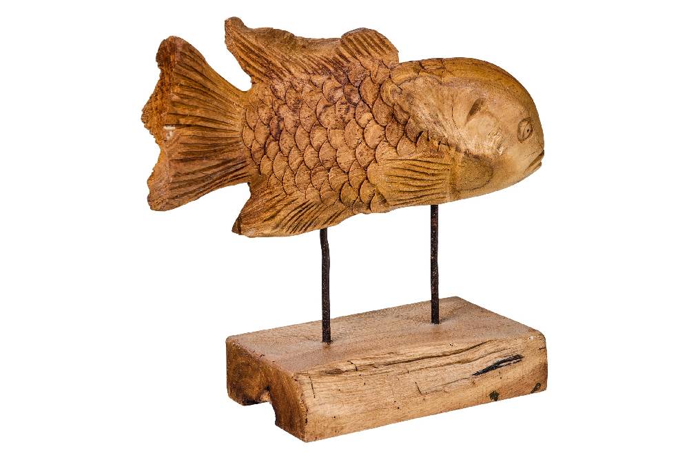 Novità Home Decor - Pesce Carving In Legno Su Piedistallo Grande