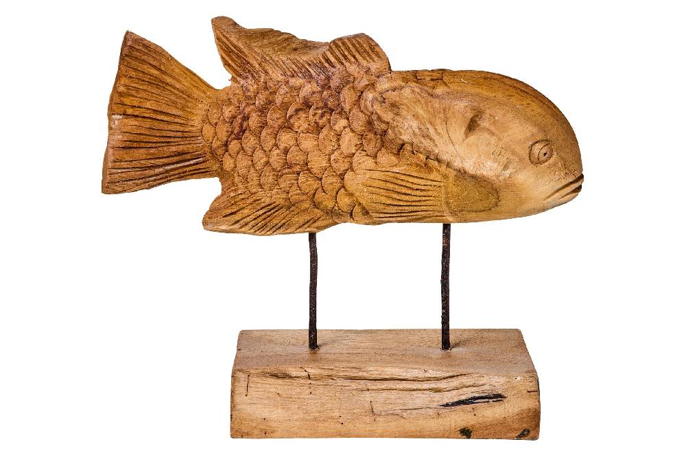 Novità Home Decor - Pesce Carving In Legno Su Piedistallo Grande