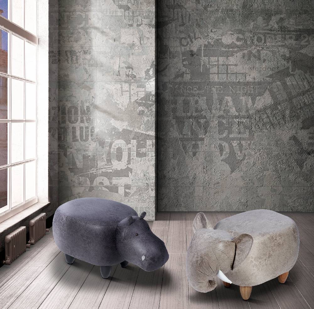 Novità Home Pouf Imbottito In Fintapelle E Legno - Elefante