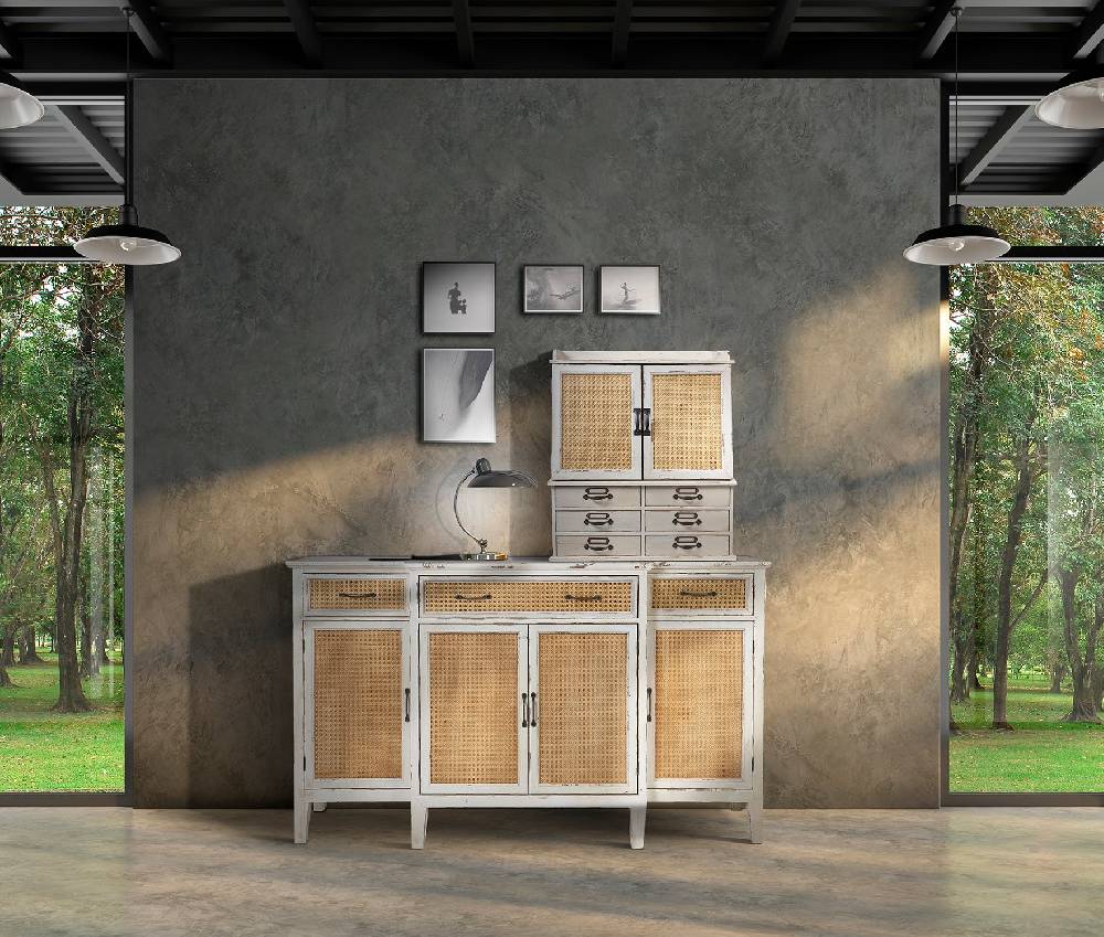 Novità Home Tonia - Credenza Bianco Antico - 3 Cassetti 4 Sportelli In Paglia Vienna