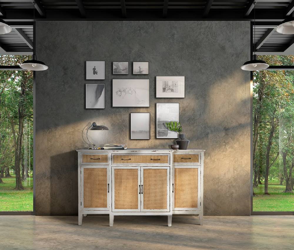 Novità Home Tonia - Credenza Bianco Antico - 3 Cassetti 4 Sportelli In Paglia Vienna